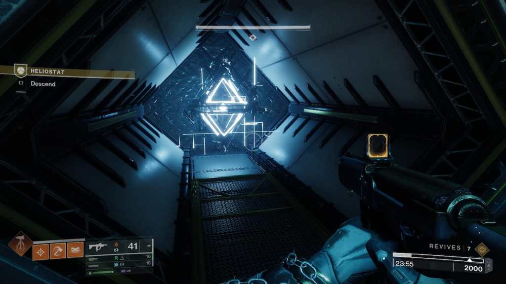 A guardian stands in front of a diamond-shaped Vex node in the Heliostat mission.