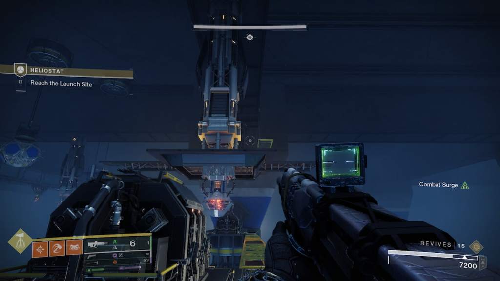 A yellow ledge in the platforming section of Heliostat indicates the location of an intrinsic upgrade.