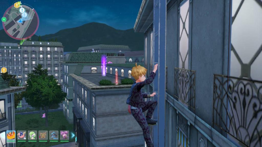 A trainer climbs a ladder at night in Pokémon Legends Z-A