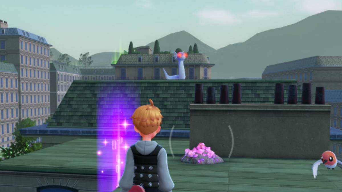 A trainer encounters Alpha Dratini on a rooftop