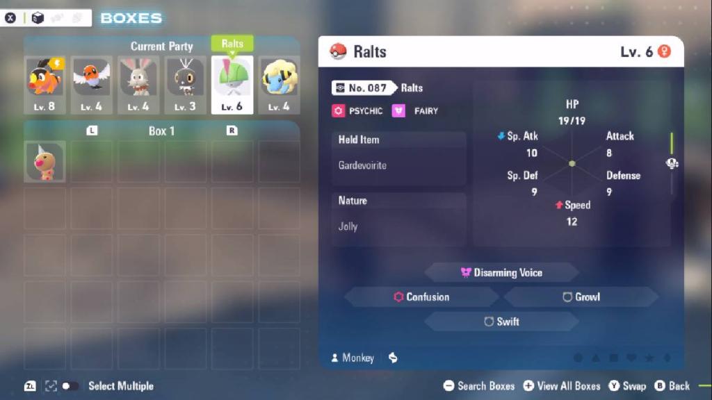 A menu shows the Pokémon Ralts and several other Pokémon in a party for Pokémon Legends Z-A