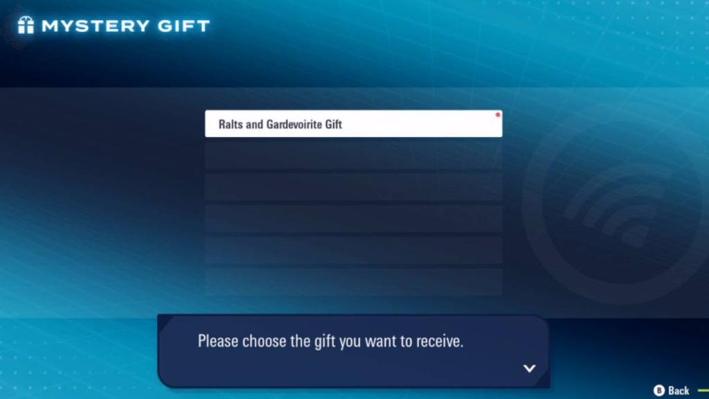 A menu shows the option to recieve the Ralts Mystery Gift in Pokémon Legends Z-A