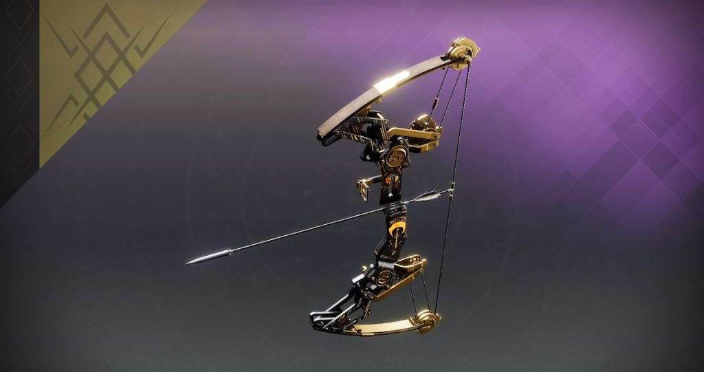 The Hushed Whisper precision bow in Destiny 2, with its usual black theme with arcane patterns scrawled in gold.
