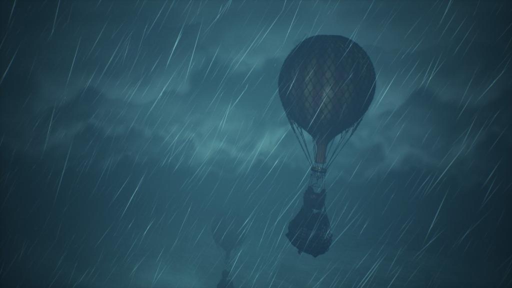 Multiple hot air balloons flying in a rainy night
