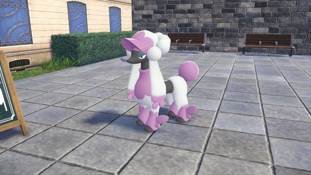 A Furfrou with the Matron Trim, giving it a pink visor and boots.