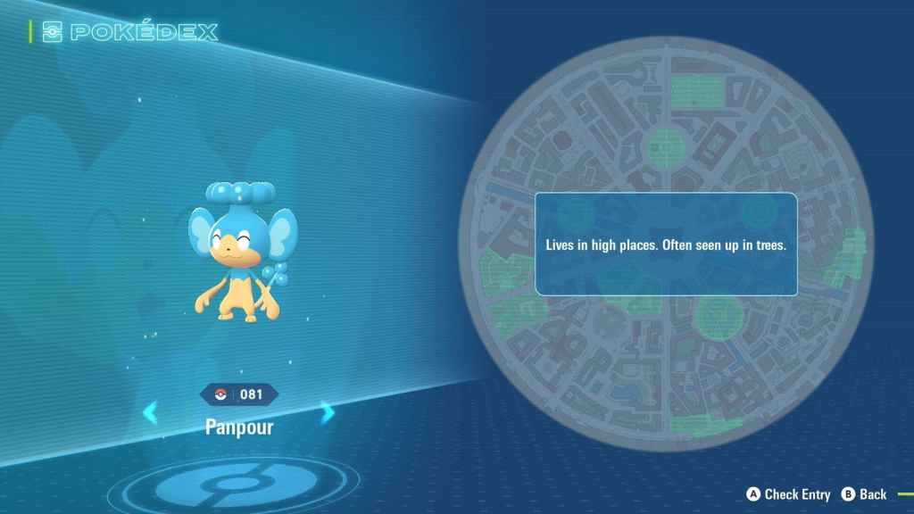 A screenshot of Panpour, a blue monkey with bubble-like designs on its head and tail, as well as a map showing where players can find it in Pokemon Legends ZA