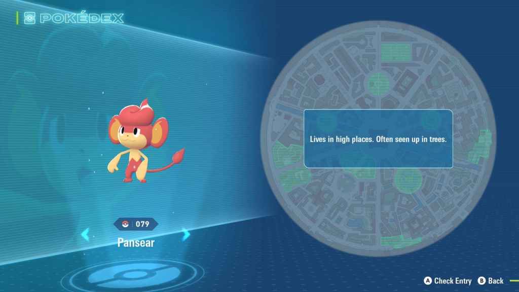 A screenshot of Pansear, a red monkey with fire-like designs on its head and tail, as well as a map showing where players can find it in Pokémon Legends ZA