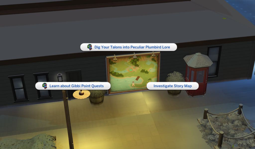 A screenshot from The Sims 4 showing a mural on the back of a building with options to investigate the plumbird.