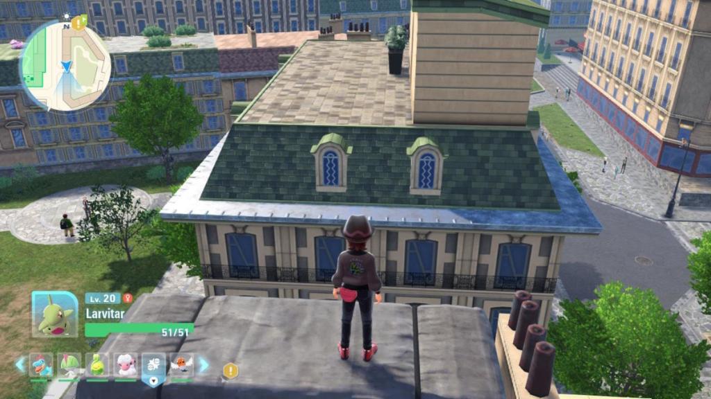 A trainer about to roll off a stack of crates in Vert Sector 2 in Pokemon Legends: ZA