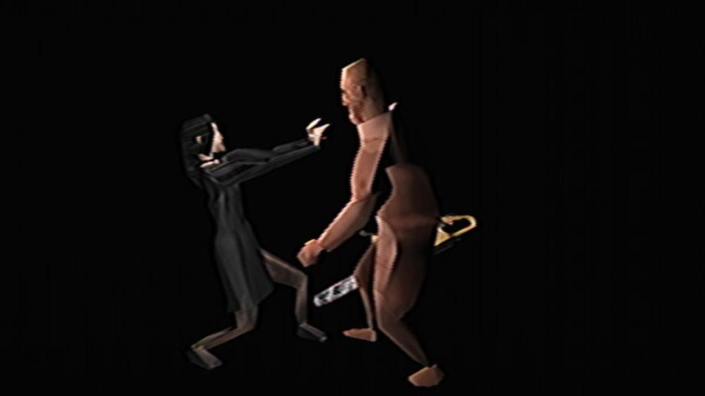 Black screen with side shot of Belle putting her arms out to keep the Skinfreak back