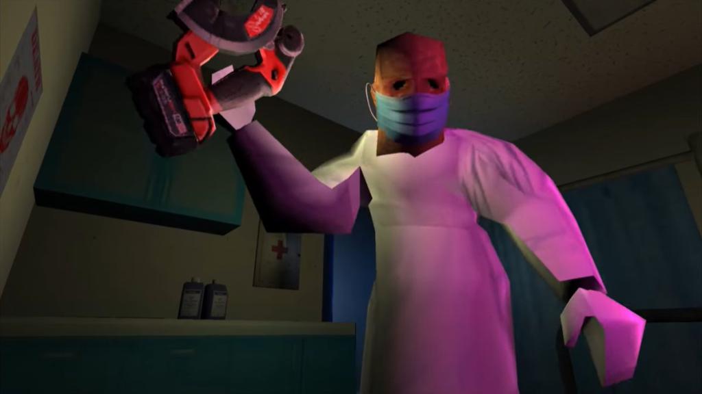 The doctor holding a chainsaw and wearing the Skinfreak mask in Belle hallucination