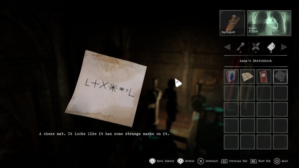 Chess Mat code with chess piece symbols on back, corresponding to each piece relevant to Cryptex solution