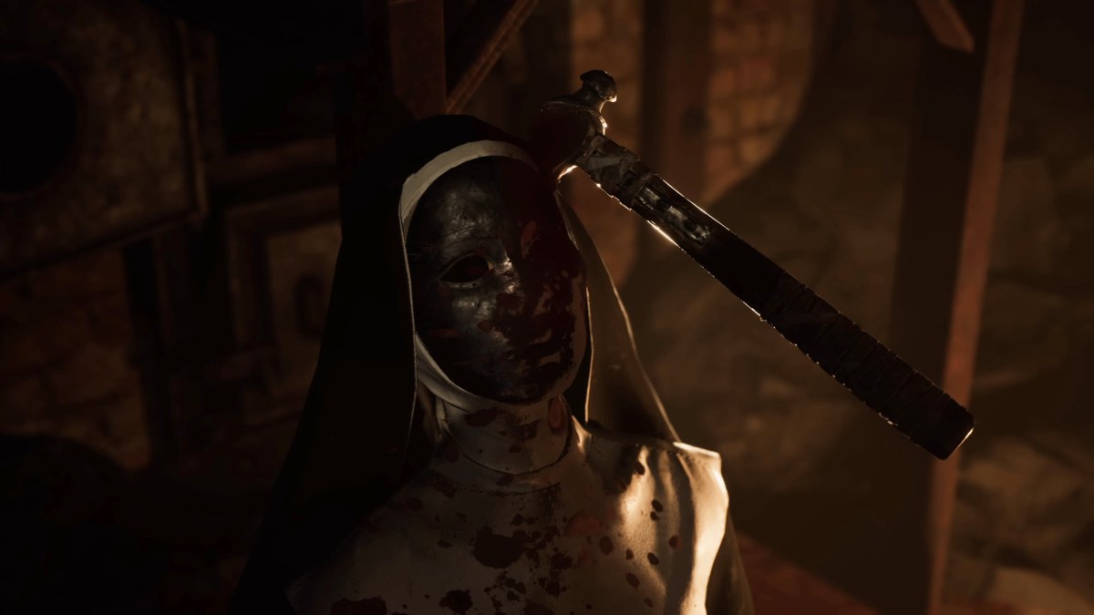 Bludgeoned mask-wearing nun with hammer in head