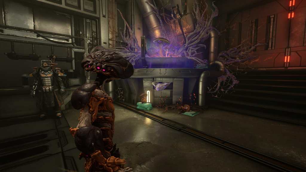 Nokko, a mushroom-themed Warframe, stands in Nightcap's hideout. The vendor is visible on the left of the image.