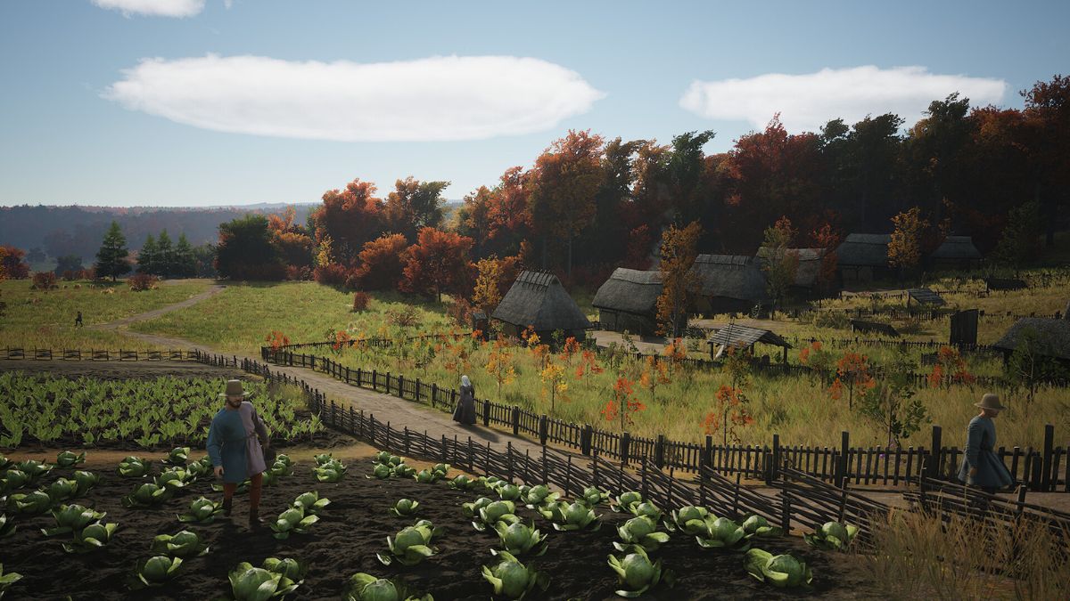 A villager works in a field in Manor Lords