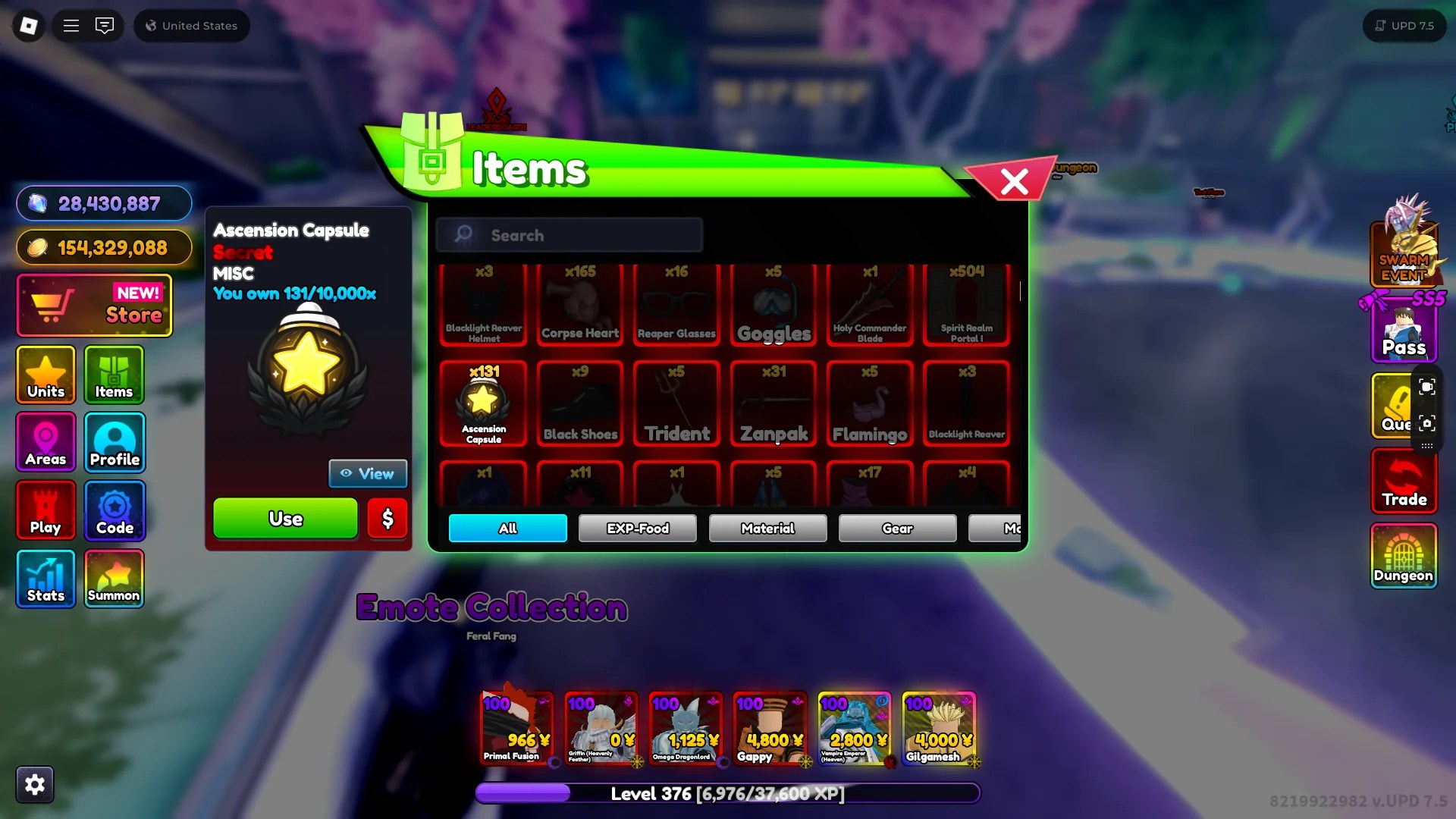 Preview of the Ascension Capsules, from which Gappy drops in Anime Rangers X Roblox experience.