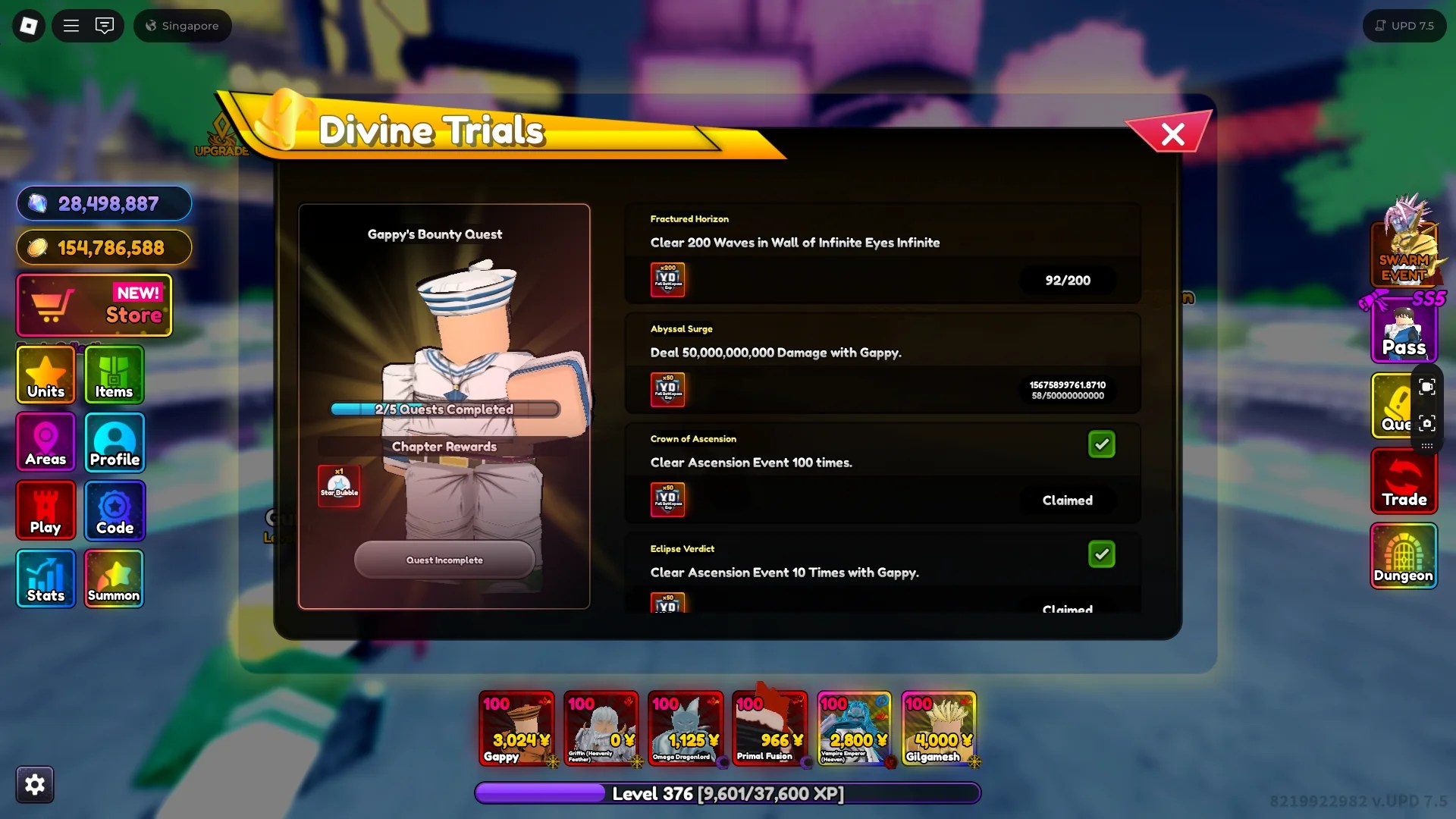 Preview of Divine Trial bounty quests needed to obtain the Star Bubble evolution material for Gappy in Anime Rangers X Roblox experience.