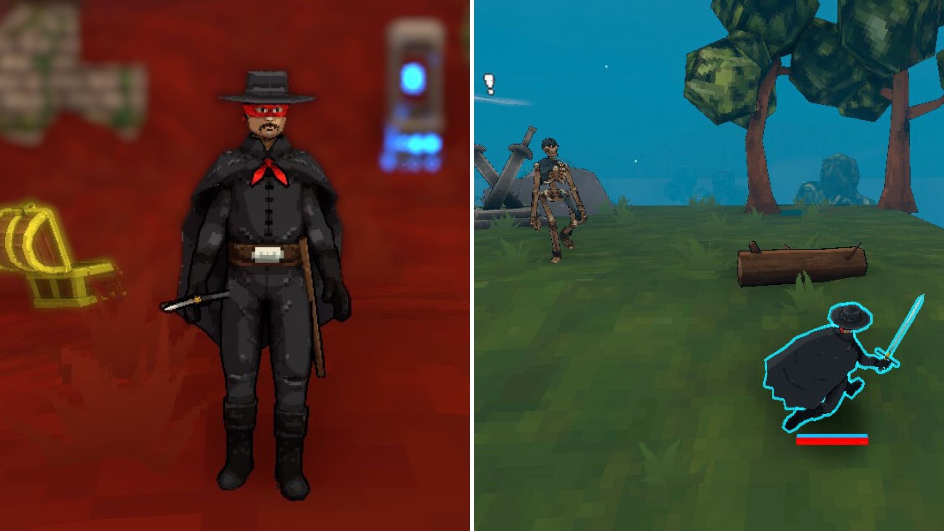 The Bandit on the selection screen on the left and fighting a skeleton in the Forest on the right