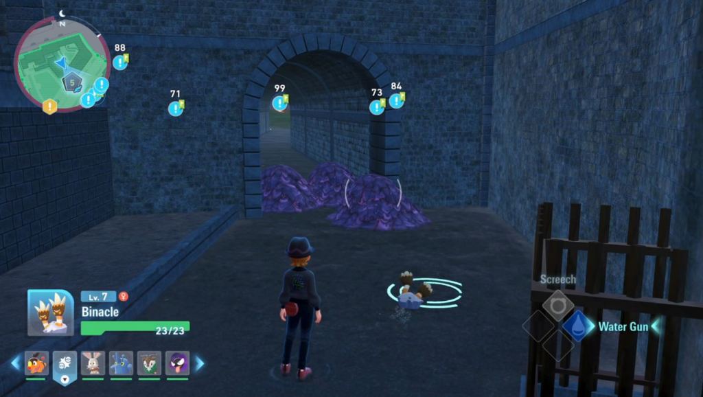 The player's Binacle clearing purple goot with Water Gun in Legends ZA.