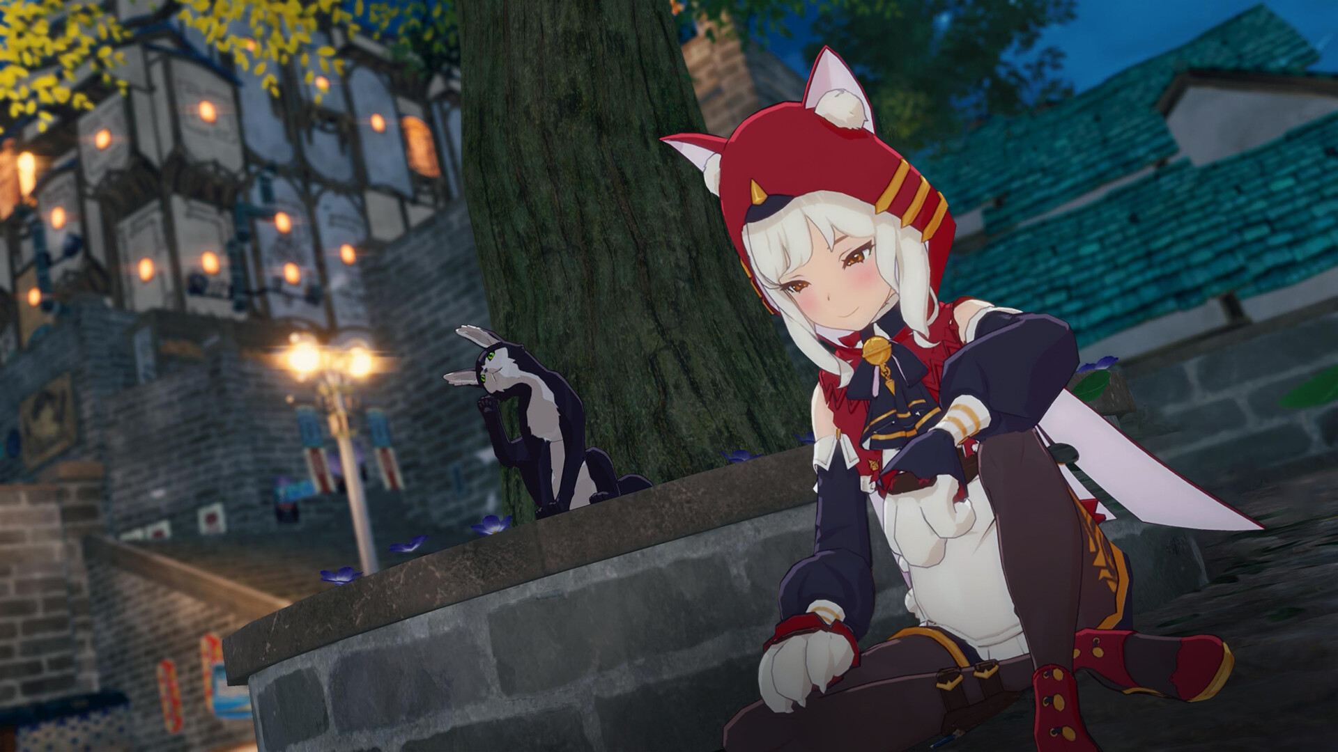 A keyart of Blue Protocol showing a character using a red hoodie.