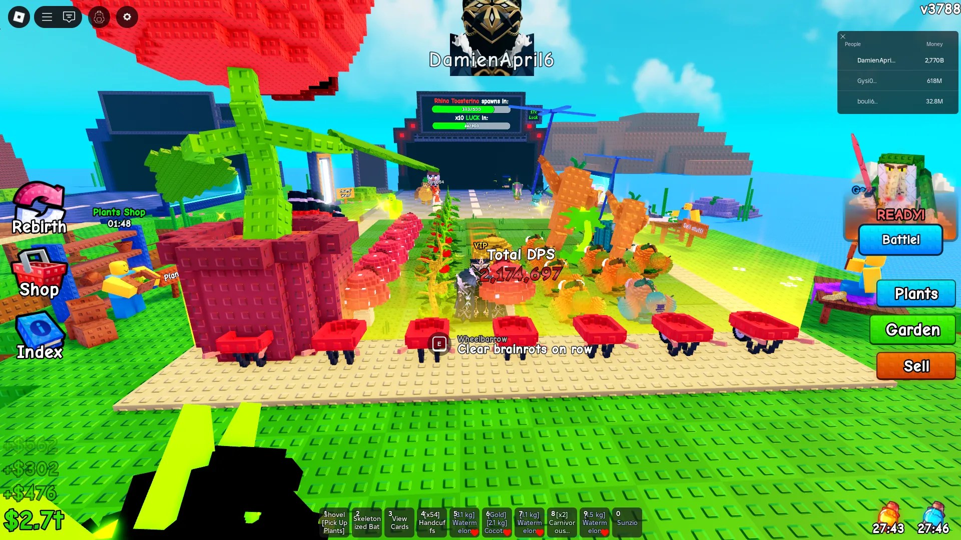 A player showing the optimal DPS (~2m) for fighting best brainrots in Plants vs Brainrots Roblox experience.