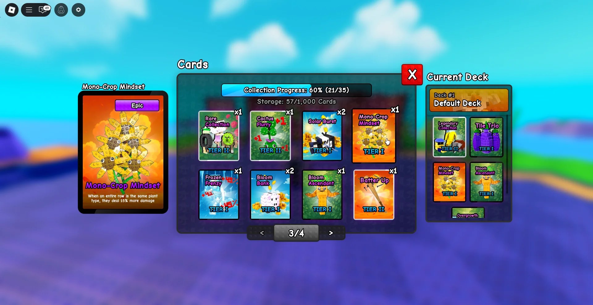 Card collection screen in Plants vs Brainrots Roblox experience.