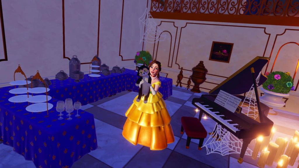 standing by tables and a piano for a castle party in disney dreamlight valley