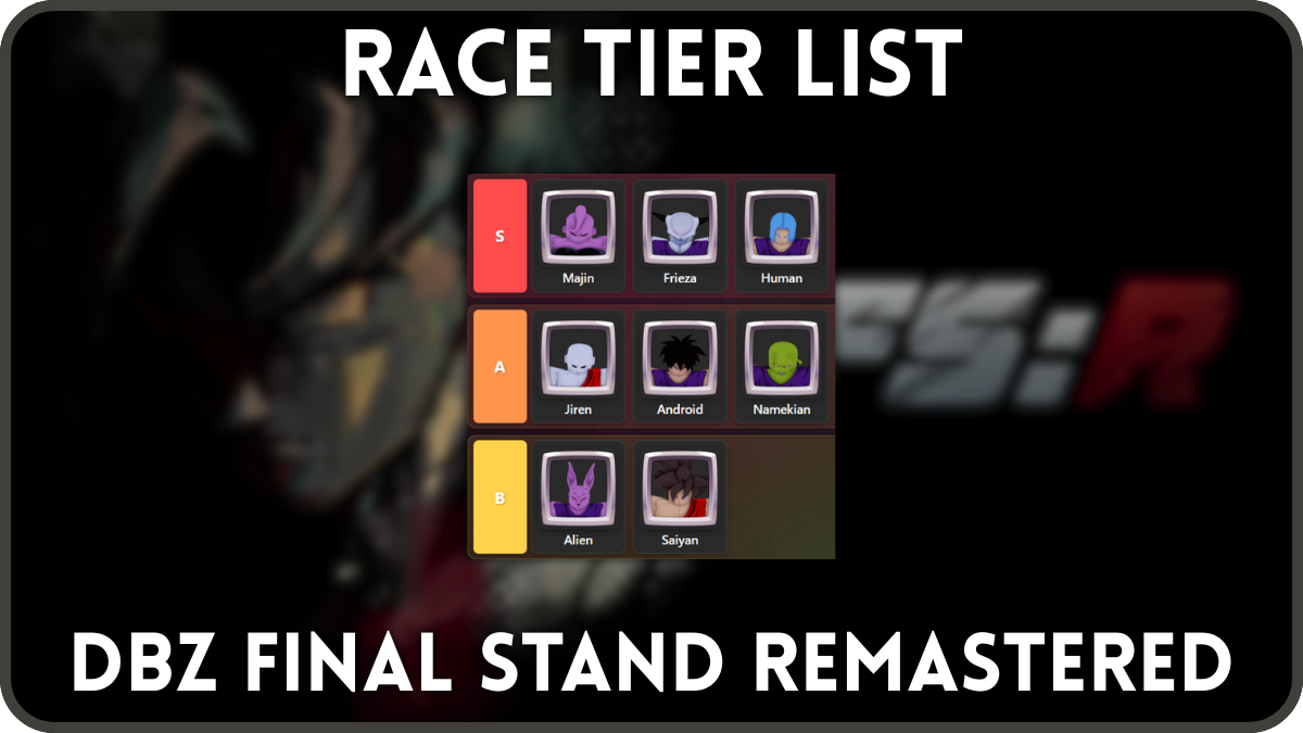 Preview of the DBZ Final Stand Remastered Race tier list that goes as follows: S-tier: Majin, Frieza, Human; A-tier: Jiren, Android, Namekian; B-tier: Alien, Saiyan.
