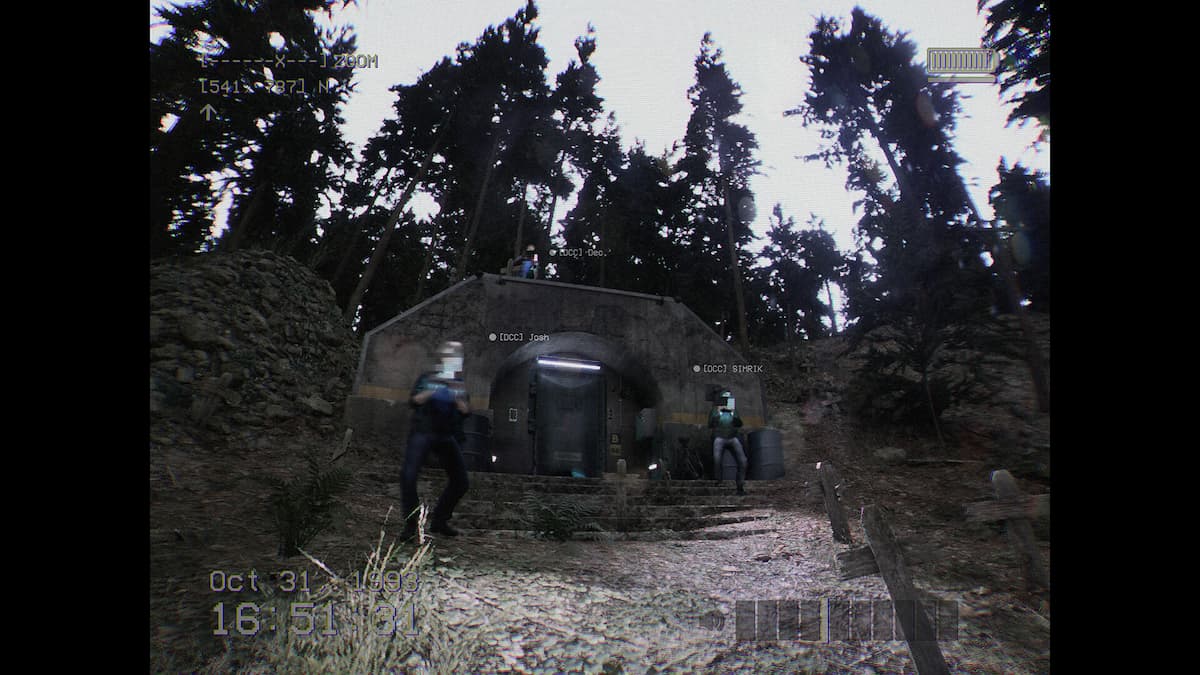 Players in a forest standing around a creepy bunker in Don't Scream Together.