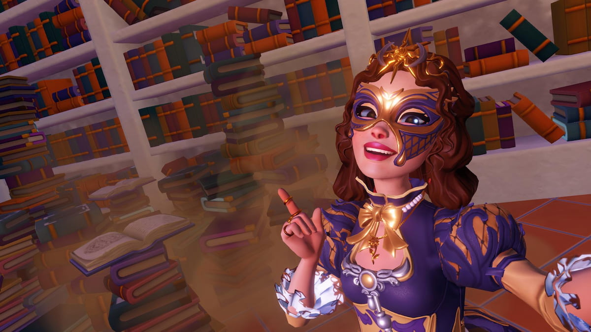 Pointing at a stack of dusty books in disney dreamlight valley