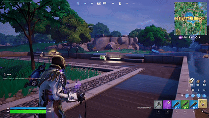 A Fortnite GIF showing the player character pulling a Med Kit using the Thorn Ripper