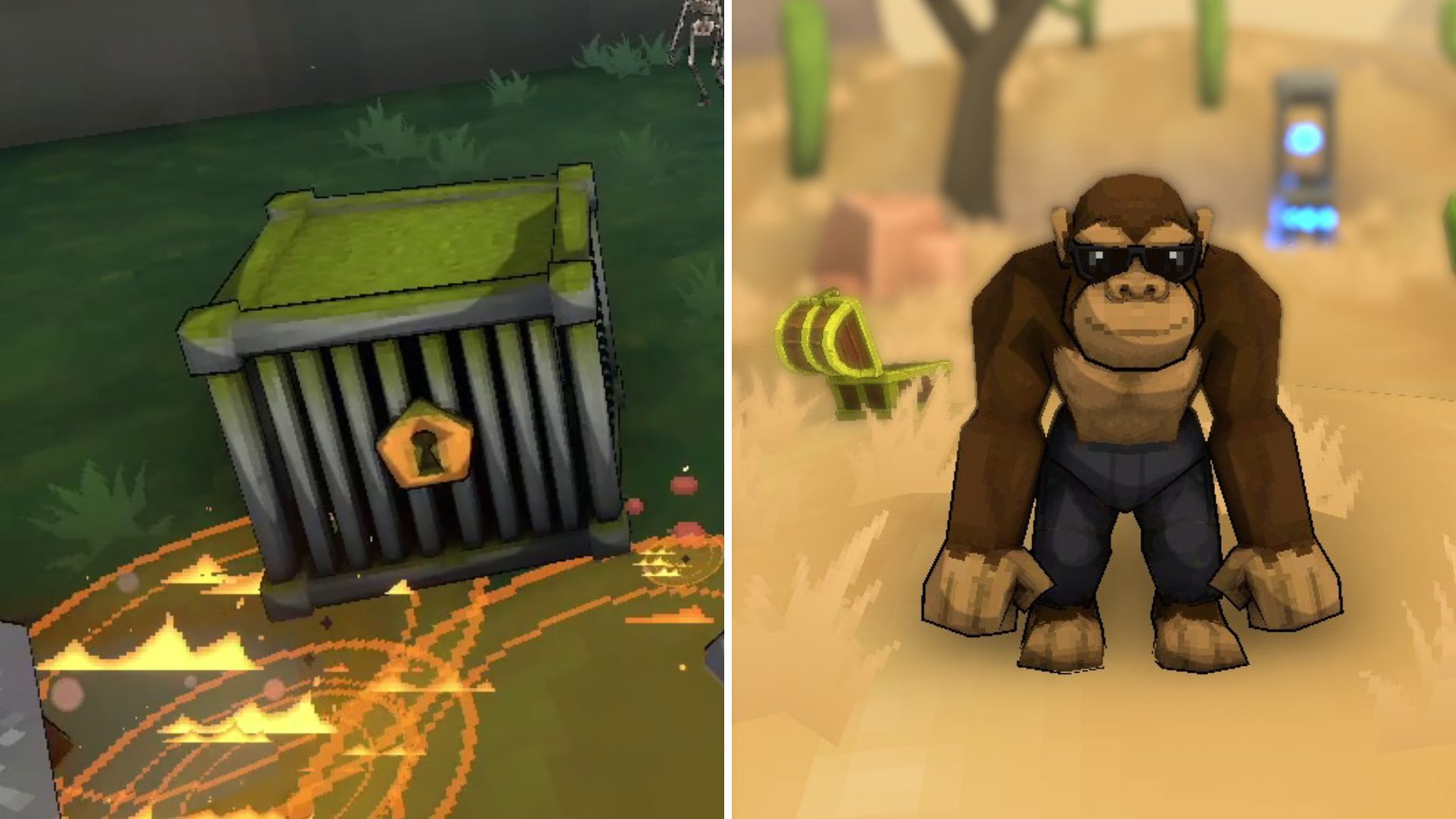 Monke cage on the left, Monke in the character selection screen on the right.