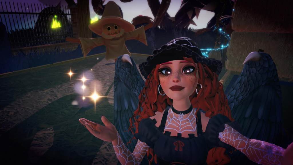 Holding hand under haunted crow feather in disney dreamlight valley