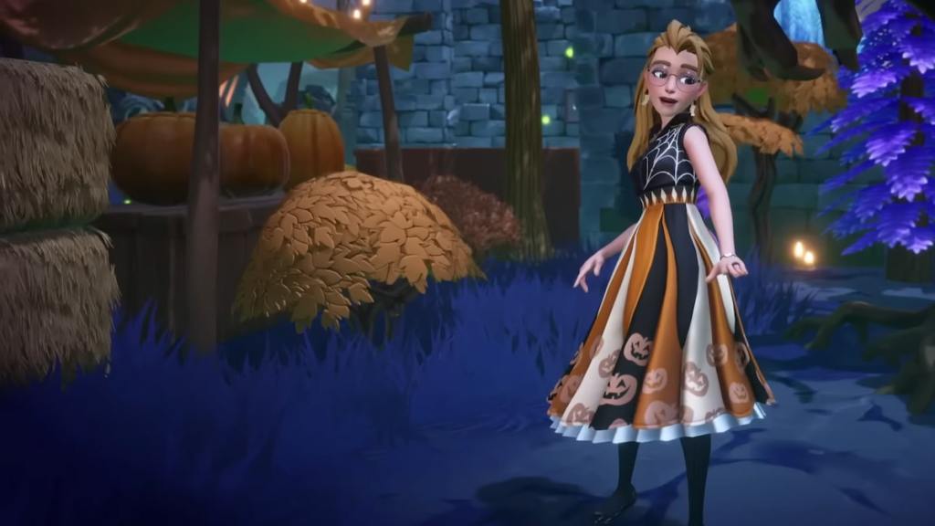 Player wearing spooky dress in disney dreamlight valley