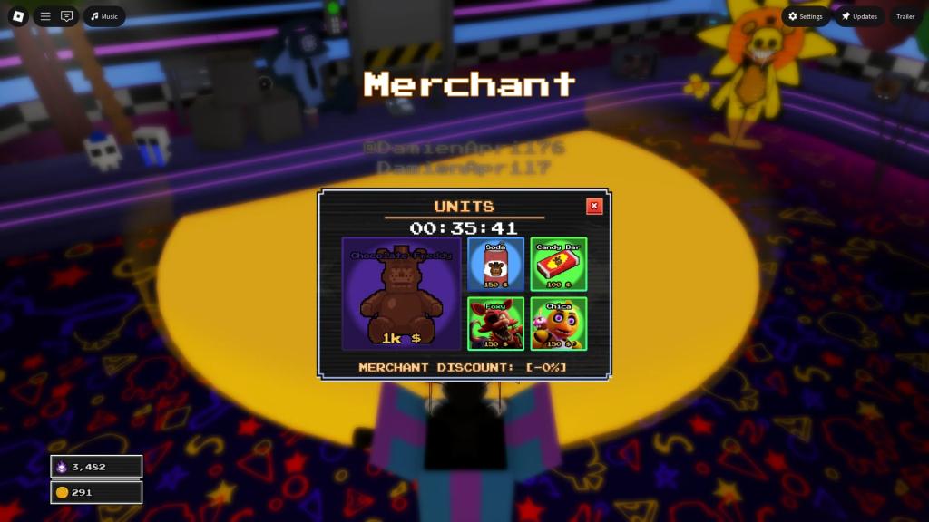 Preview of the merchant stock in FNTD 2 Roblox experience.