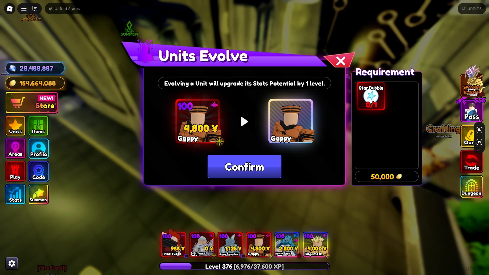 A player evolving the Gappy unit at the Units Evolve NPC in Anime Rangers X Roblox experience.