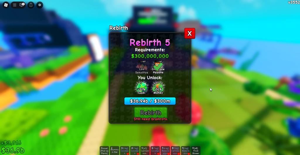 A player showing how to rebirth in Plants vs Brainrots Roblox experience.