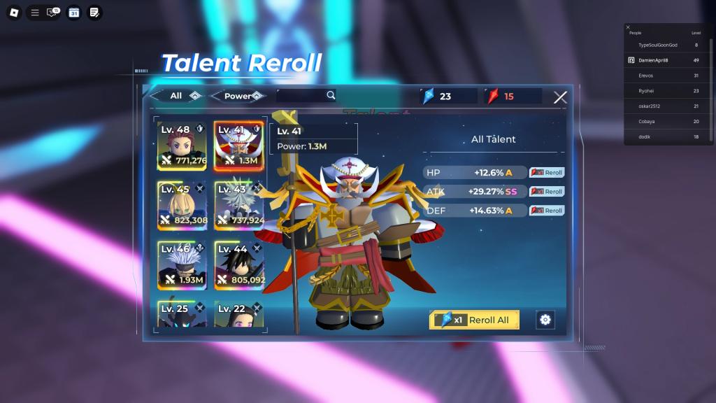 Preview of the talent reroll menu in the Anime Raid Roblox experience.