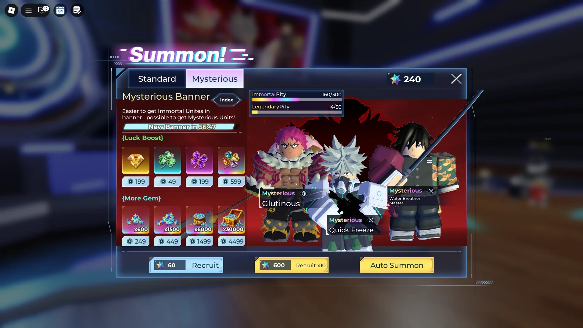 Preview of the summon menu in Anime Raid Roblox experience.