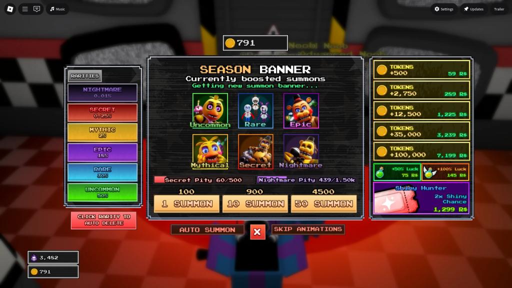 Preview of the summon menu in the FNTD 2 Roblox experience.