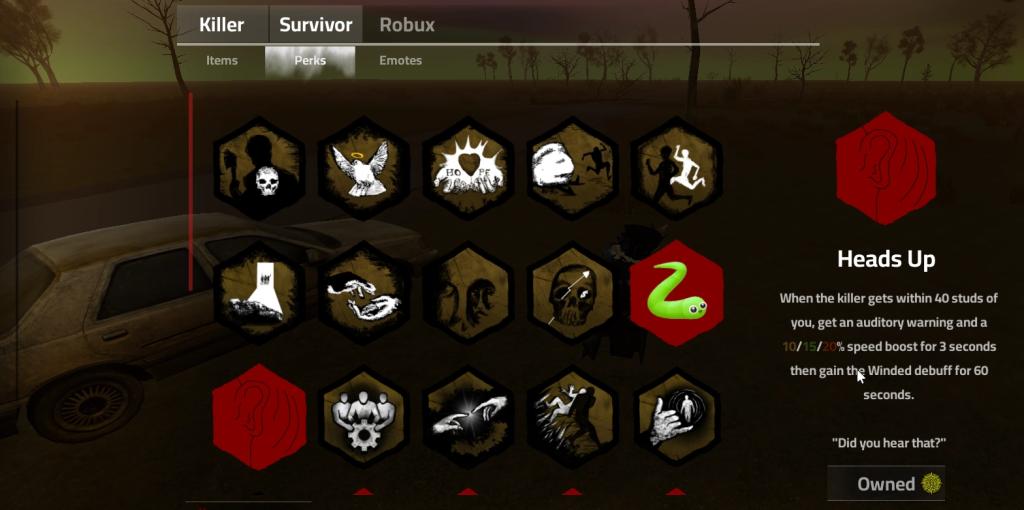 A player unlocking a perk in Violence District Roblox experience.