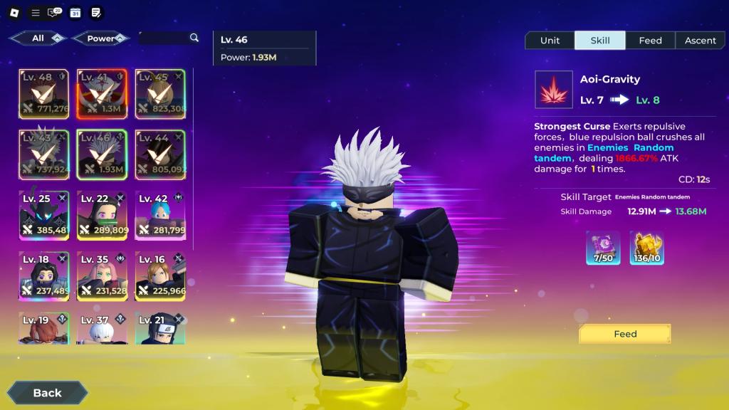 Preview of the skill upgrade menu of a unit in the Anime Raid Roblox experience.