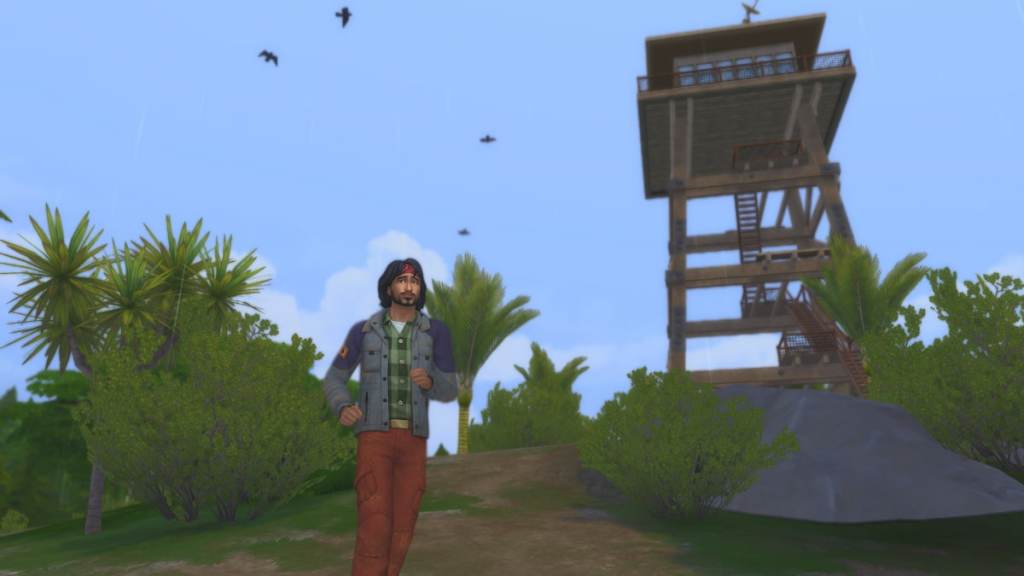 Lost Adventurer Raheel Kunal running by firewatch tower in the sims 4