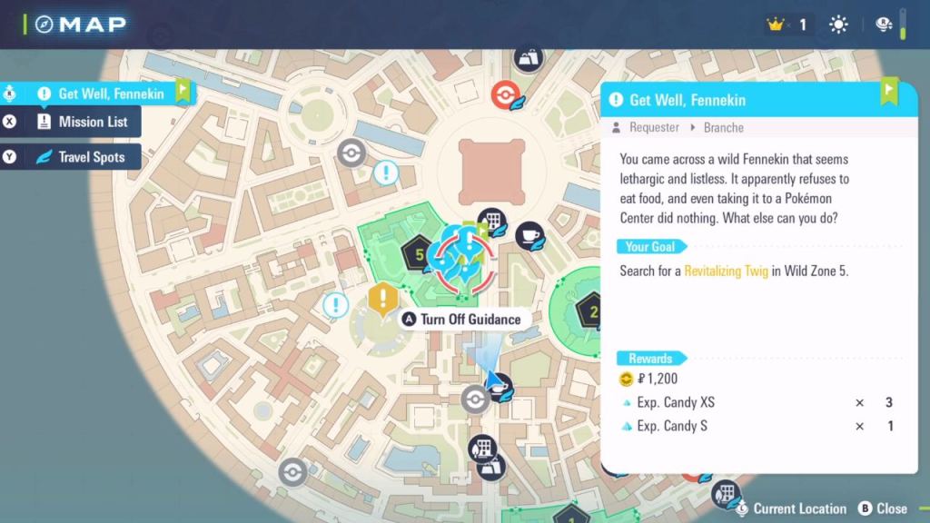 A screenshot of the Lumiose map in ZA highlighting the Revitalizing Twig location.