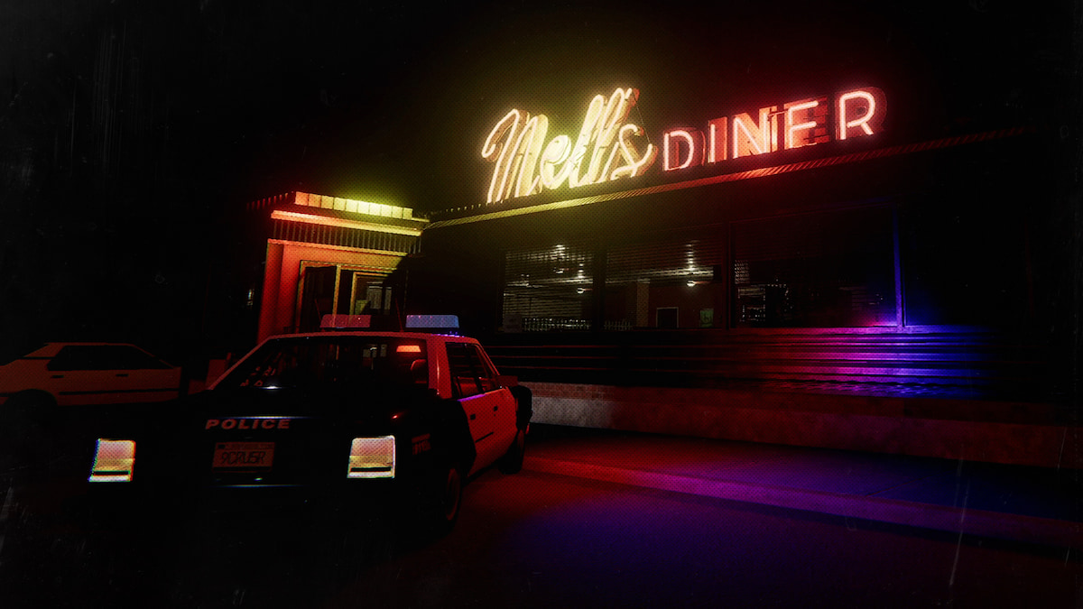 Outside of Nell's Diner with a bright neon sign and a police car in the parking lot in phasmophobia
