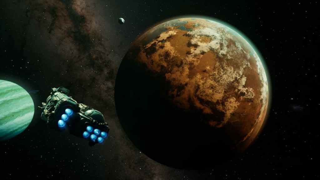 A massive moon, with several other moons in the background in The Outer Worlds 2.