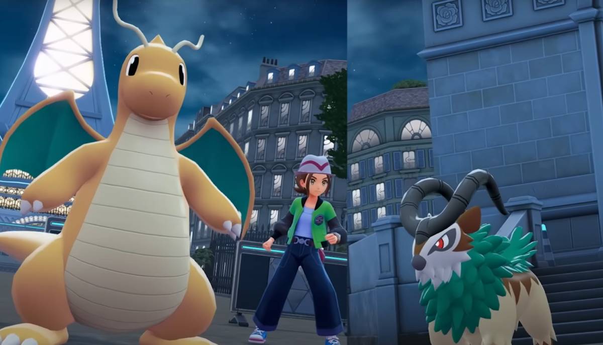 A screenshot from Pokémon Legends Z-A shows a trainer stood next to Dragonite