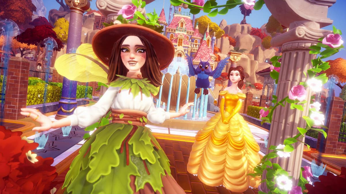 A green mushroom witch posing with Belle in a gold ballgown in front of a castle in disney dreamlight valley