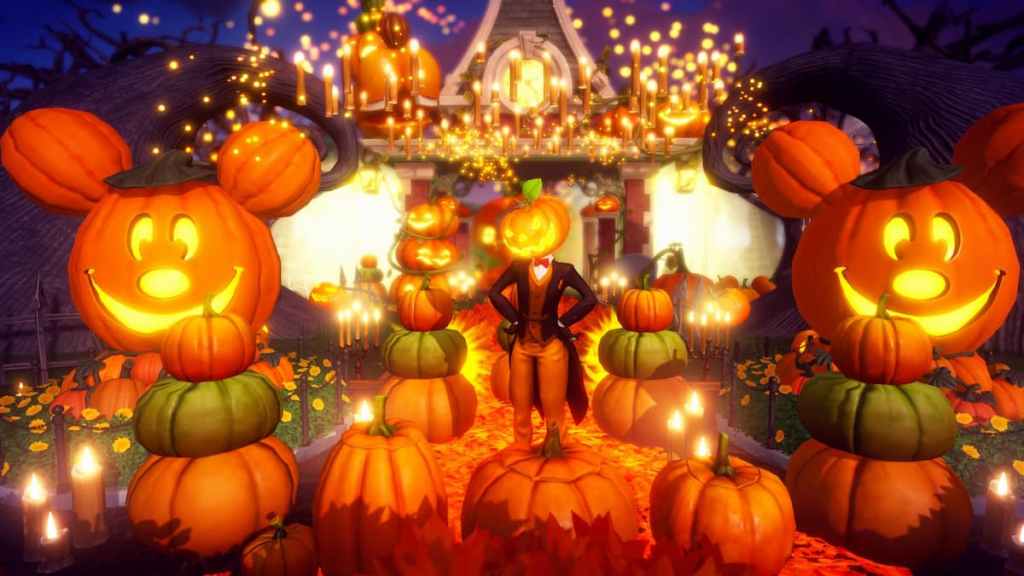 Standing by some pumpkin rewards in disney dreamlight valley