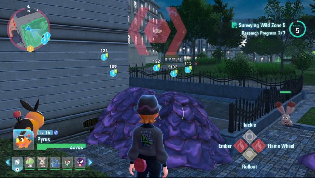 The player character standing in front of the purple material.